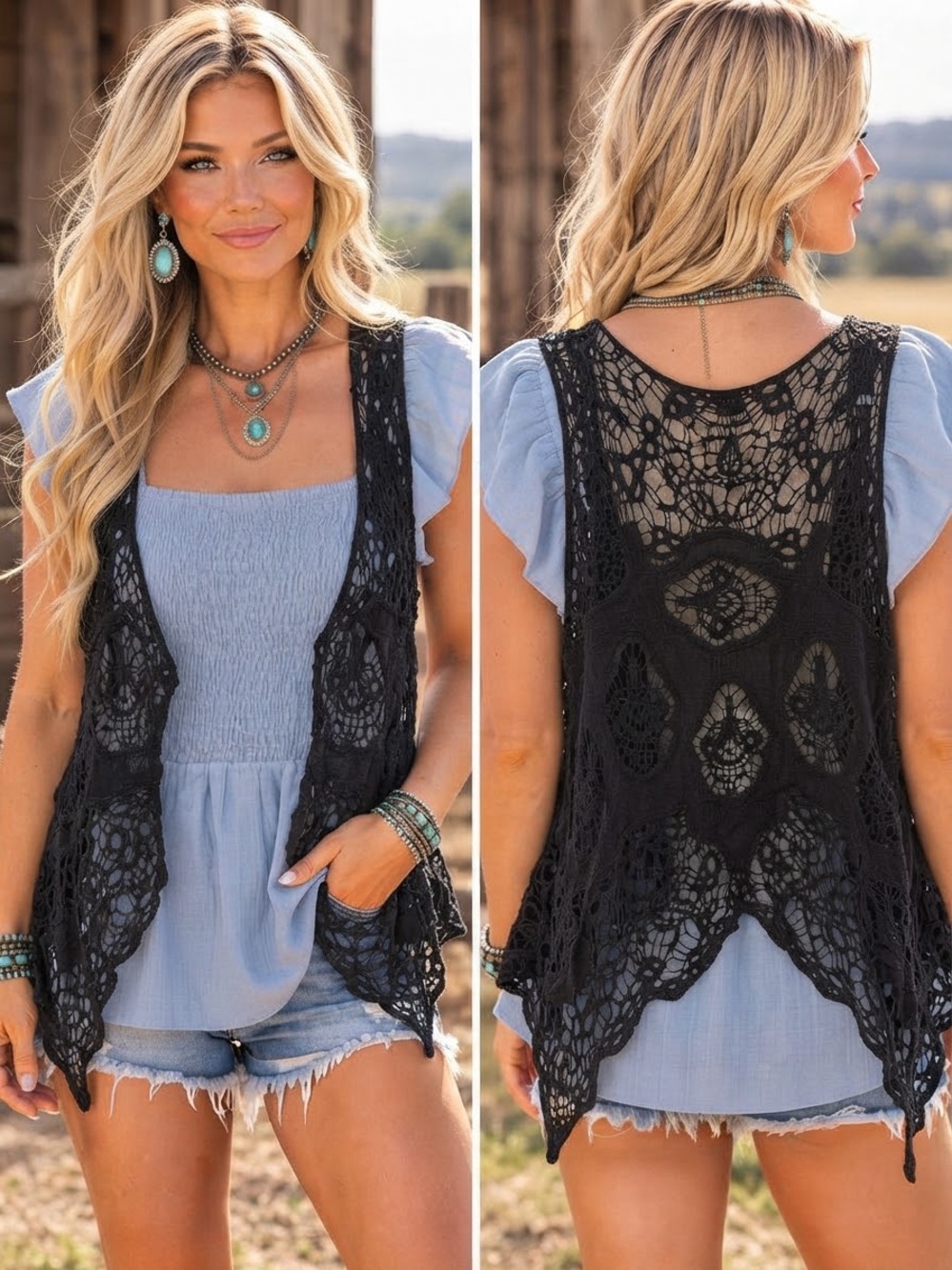 Boho Black Cotton Crochet Asymmetrical Vest / Duster OS